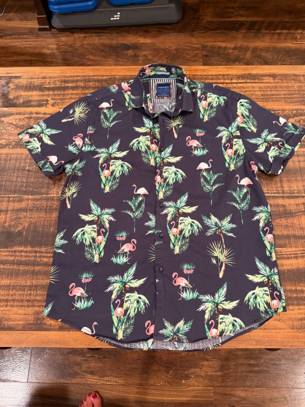 Denim & Flower Navy Short-Sleeve Flamingo Print Button-Down Shirt